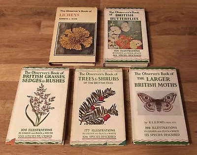 5 Vintage Observers Books Lichens British Butterflies Grasses Trees Larger Moths • £25