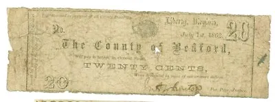 1863 20 Cents County Of Bedford VIRGINIA Note - CIVIL WAR Era Banknotes • $149.99