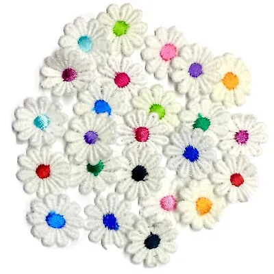 24x White Daisy Flower Multicolour Center Embroidered 25mm Sew On Applique Patch • £3.29