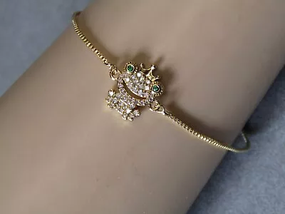 Cubic Zinconia Micro Pave Frog Slider Adjustable Gold Bracelet Stunning! • £15.34