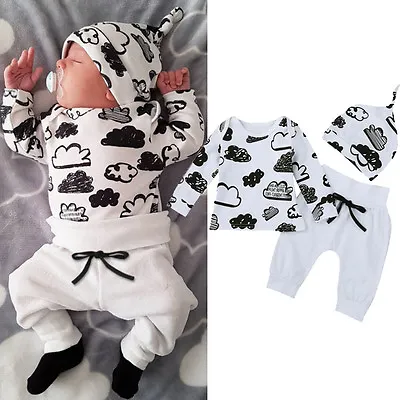Infant Newborn Baby Girl Boy T-shirt Tops+Pants Trousers+Hat 3PCS Outfit Clothes • $20.93