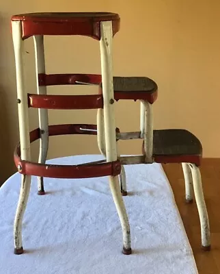 Vintage Red/White Cosco Kitchen Step Stool Chair Pull Out Steps From Maine Farm • $100