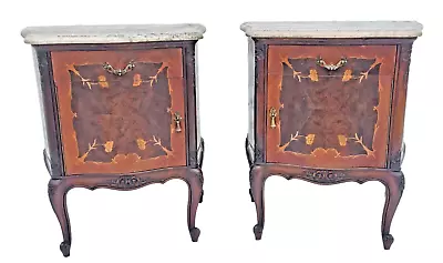 Pair Vintage Italian Marble Top Inlaid Nightstands End Tables Bedstands 1930s • $1495