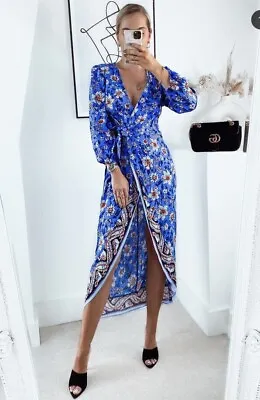 $26.99 • Buy Zara Floral Wrap Midi Dress Women's Medium Bright Blue Front Slit Long Sleeve