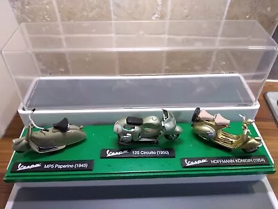 3 Model Vespa Scooters On Wooden Plinth In Display Case • £15