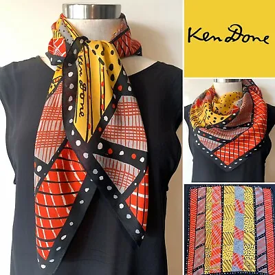 £58.62 • Buy KEN DONE Vintage Silk Black,Yellow,Red,Grey Spot,Stripe Art Print Scarf 71x71cm 