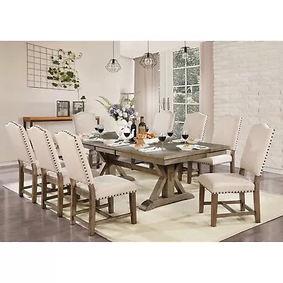 Rustic Light Oak 9pc Set Dining Table 8XChairs Fabric Upholsterd Seat Beige Wood • $2399.99