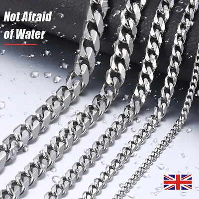 £5.99 • Buy Mens Boys Curb Chain Stainless Steel Silver 3mm-11.5mm Cuban Necklace Men 18-24 