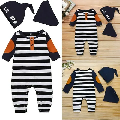 Newborn Infant Baby Boy Girls Patch Striped Button Jumpsuit Romper+Hat+Bib Set U • $25.19