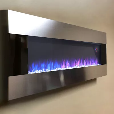 Stainless Steel 60'' Wall Mounted Fireplace Electric Wall LED Stove Fire Warming • £229.95