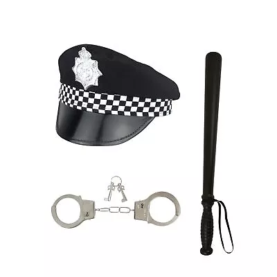 Adult Policeman Hat+Police Stick+Handcuffs Men Theme Party Fancy Dress Accessory • £10.30