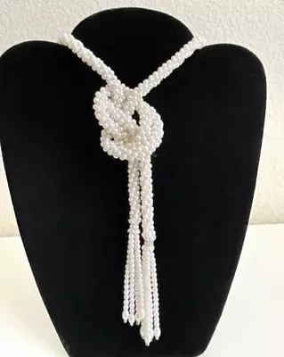 Vintage Faux Pearl Twisted Cord Tie Necklace With Tassels • $20.99