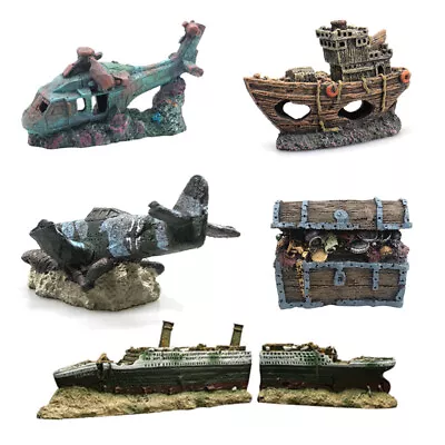  Novelty Fish Tank Aquarium Ornament Resin ShipwreckAircraft Treasure Box • $14.98