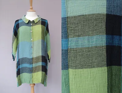 Sahara Check Blouse Top Size S/M Textured Linen Blend Shirt Green / Blue JE1218 • £35