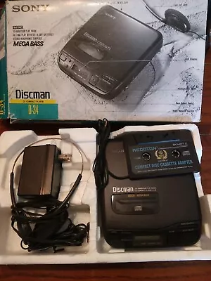 VTG Sony Discman D-34 Mega Bass Portable CD Player W/ Tape Adapter Power Pack • $49.95