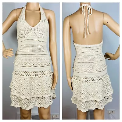 Moda International Crochet Tiered Mini Dress Sz S Cotton Knit Halter Boho Beach • $39.99