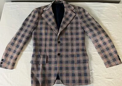 Vintage 70s Mens Blue Plaid La Bella Blazer Jacket Sport Suit Coat 38R • $34