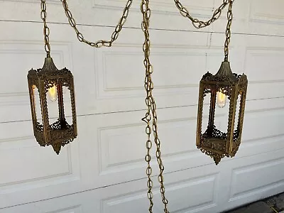 Vintage Cast Brass Spanish Revival Chandelier Hanging Ceiling Lamp Gothic Church • $250