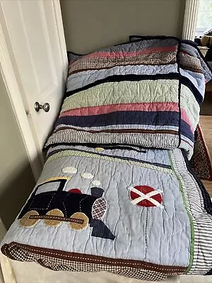 Pottery Barn Kids  Ryder  Train Quilt Full/Queen + 2 Euro Shams Set Reversible • $93