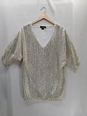 Marciano Sequin Gold Oversized V-neck Short Sleeve Blouse Top Size-S • $23