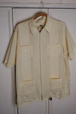 £13.15 • Buy Vtg Haband Guayabera Shirt Men Zip Front Large Beige Embroidered Short Sleeve