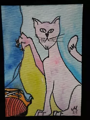 ACEO Watercolor Painting Dinner Time Cat Kitty Claws Artwork Miniature • $5