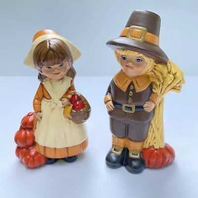 Vintage Hand Painted Ceramic Thanksgiving Pilgrims Couple Figurines 6” • $40