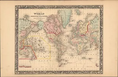 1860 World Mercator Projection Mitchell Antique Map 23.6  X 15.4  Hand Color • $65