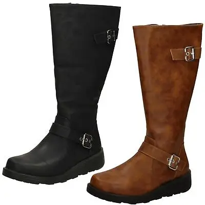 Ladies Spot On Mid Wedge Two Buckle Straps Wide Fit Zip High Boots F5r1202 • £29.99