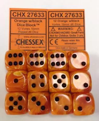 Chessex Dice D6 Set 16mm Vortex Orange W/ Black 6 Sided Die 12 Sets CHX 27633 • $9.78