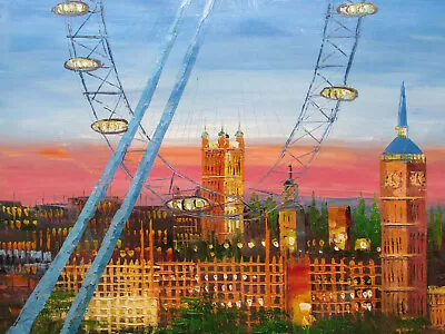 London Eye Large Oil Painting Canvas British English Cityscape City View • £24.95