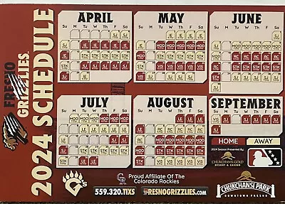 2024 FRESNO GRIZZLIES Schedule ⚾️  Minor Baseball Sked Not 2023 MAGNET • $3