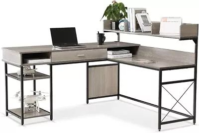 LIFEFAIR L-Shaped Corner Desk With Shelves & Drawer Computer Home Office Desk US • $118.98