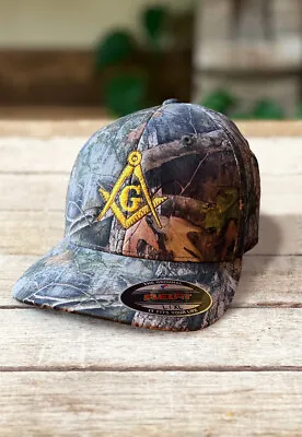 Gold Square & Compass Embroidered Masonic Flexfit Adult Camouflage Hat • $27.99