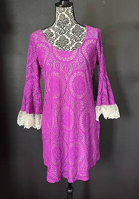 VaVa By Joy Han Women Large Purple Lined Lace Dress Short Boho Bell Sleeves • $24.98