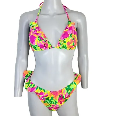 Vintage 80s Bikini Women Large Pink Yellow Floral Ruffle High Bottom Swim Top 12 • $45