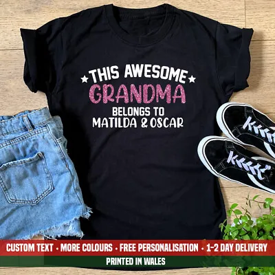 Ladies This Awesome Grandma Belongs To Names T Shirt Funny Mum Birthday Gift Top • £13.99