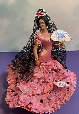 Vintage Marin Chiclana Spanish Flamenco Dancer Doll Pink Dress Fan On Stand 7  • $15.75