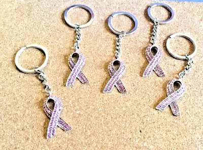 5 X Pink Breast Cancer Awareness Diamante Ribbon Key Chain Keyring Charm Pendant • £15