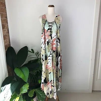 Zulu & Zephyr Tropical Straight Midi Dress Size 6 Front Tie Sleeveless Thick • $41.30