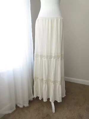 Merona Maxi Skirt Women XL Ivory Lace Peasant Cottage Boho Crinkle Gauze Pull On • $29.95