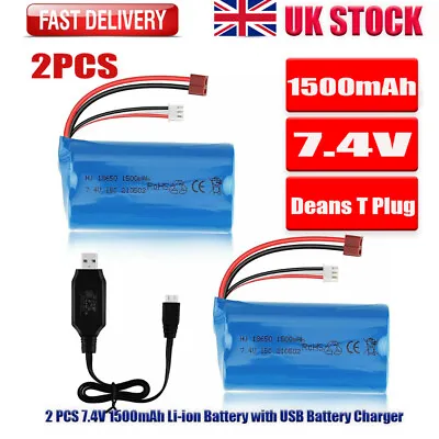 2PCS 1500mAh 7.4V Li-ion Battery 2S Deans T Plug Charger For WLtoys 4WD 12401 UK • £15.99