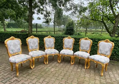 Blue Damask Dining Chairs: Set Of 6 French Louis XVI Baroque Rococo Beech Chairs • $2900