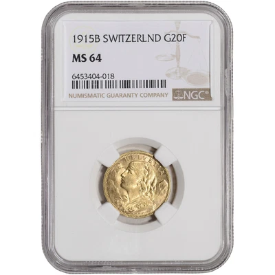 $464.12 • Buy 1915 B Switzerland Gold 20 Francs - NGC MS64