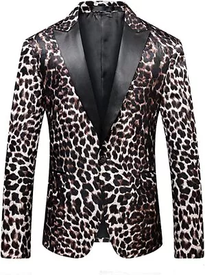 MOGU Mens Slim Fit Notched Lapel Stylish Blazer Leopard Printed Sports Coat • $213.54