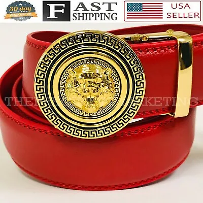 Fashion Automatic Designer Buckle Men's Red Gold Ratchet Genuine Leather Belt • $19.99