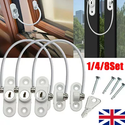 8x Window Door Restrictor Security Cable Key Lock Catch Wire Child Baby Safety. • £31.97