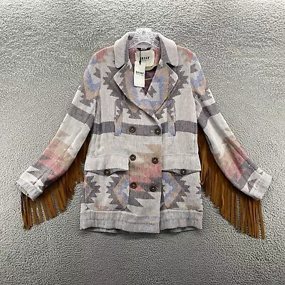 Bazar Deluxe Jacket Womens 38 Gray Navajo Knit Fringed Linen Wool Aztec Italy • £192.88