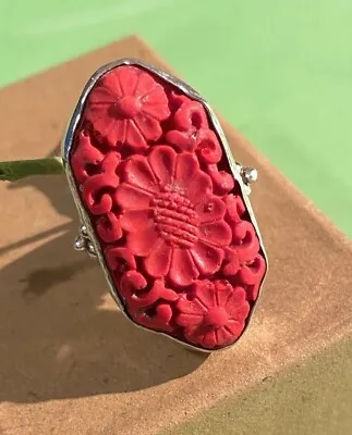 Carved Red Cinnabar Flowers Sterling Silver 925 Pedestal India Designer Ring 8 • $53.99