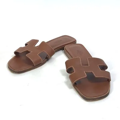 $825 • Buy HERMES Oran Flat Flat Shoes Sandals Leather Brown